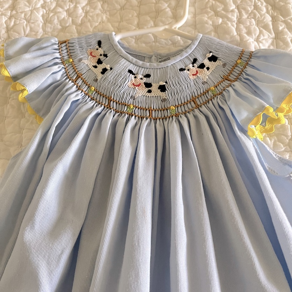 Blue Smocked Dress with Cow Embroidery